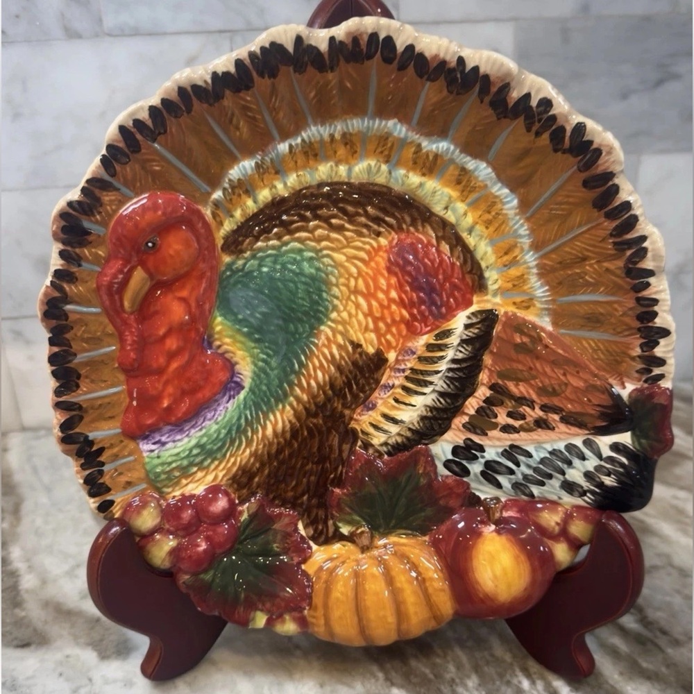 Thanksgiving Turkey Ceramic 8.5” Luncheon Salad Dessert Plates Set of 4 New